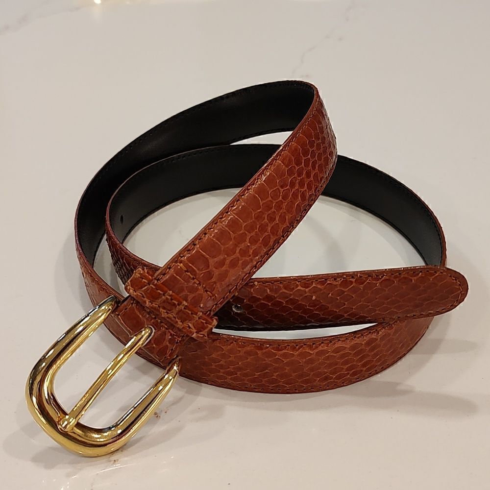 Genuine Snakeskin Brown Leather Belt Goldtone Buckle